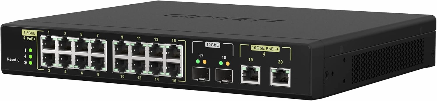 QNAP 20-Port 10GbE PoE   and 2.5GbE PoE  Managed Network Switch (QSW-M2116P-2T2S-US). Layer 2, Web Management