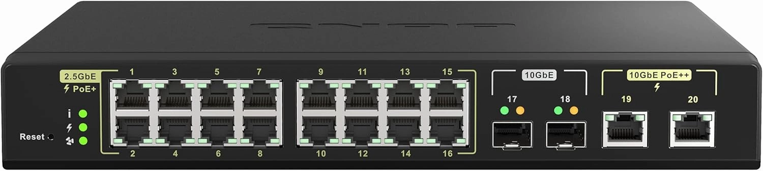 QNAP 20-Port 10GbE PoE   and 2.5GbE PoE  Managed Network Switch (QSW-M2116P-2T2S-US). Layer 2, Web Management