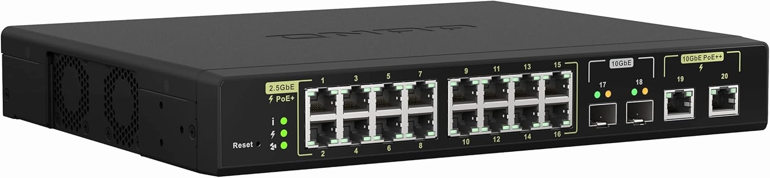 QNAP 20-Port 10GbE PoE   and 2.5GbE PoE  Managed Network Switch (QSW-M2116P-2T2S-US). Layer 2, Web Management