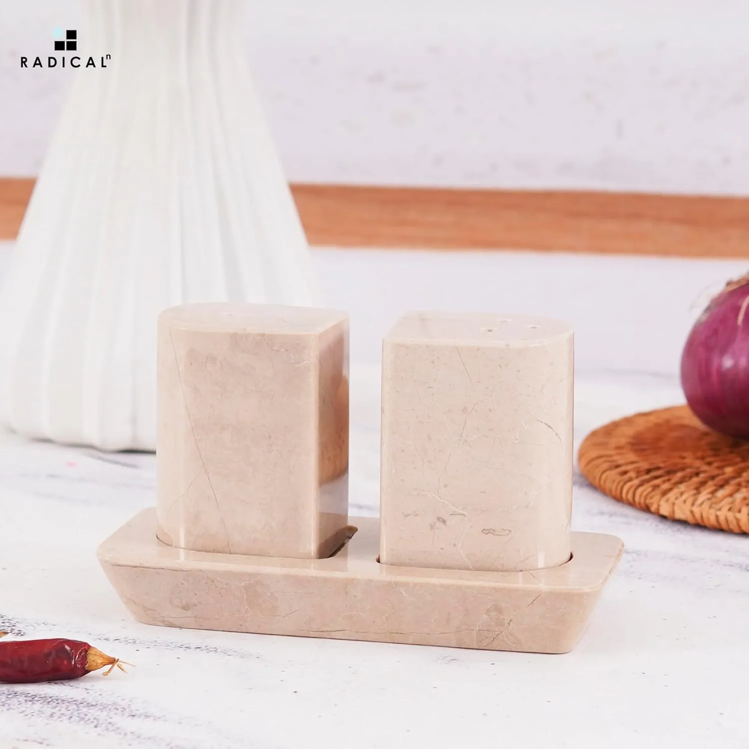 Radicaln Marble Salt & Pepper Shakers Set – 2.5" Verona Modern Kitchen Essentials for Cooking and Dining | Stone Spice Holder for Black Pepper, Pink Salt, Home & Farmhouse Decor