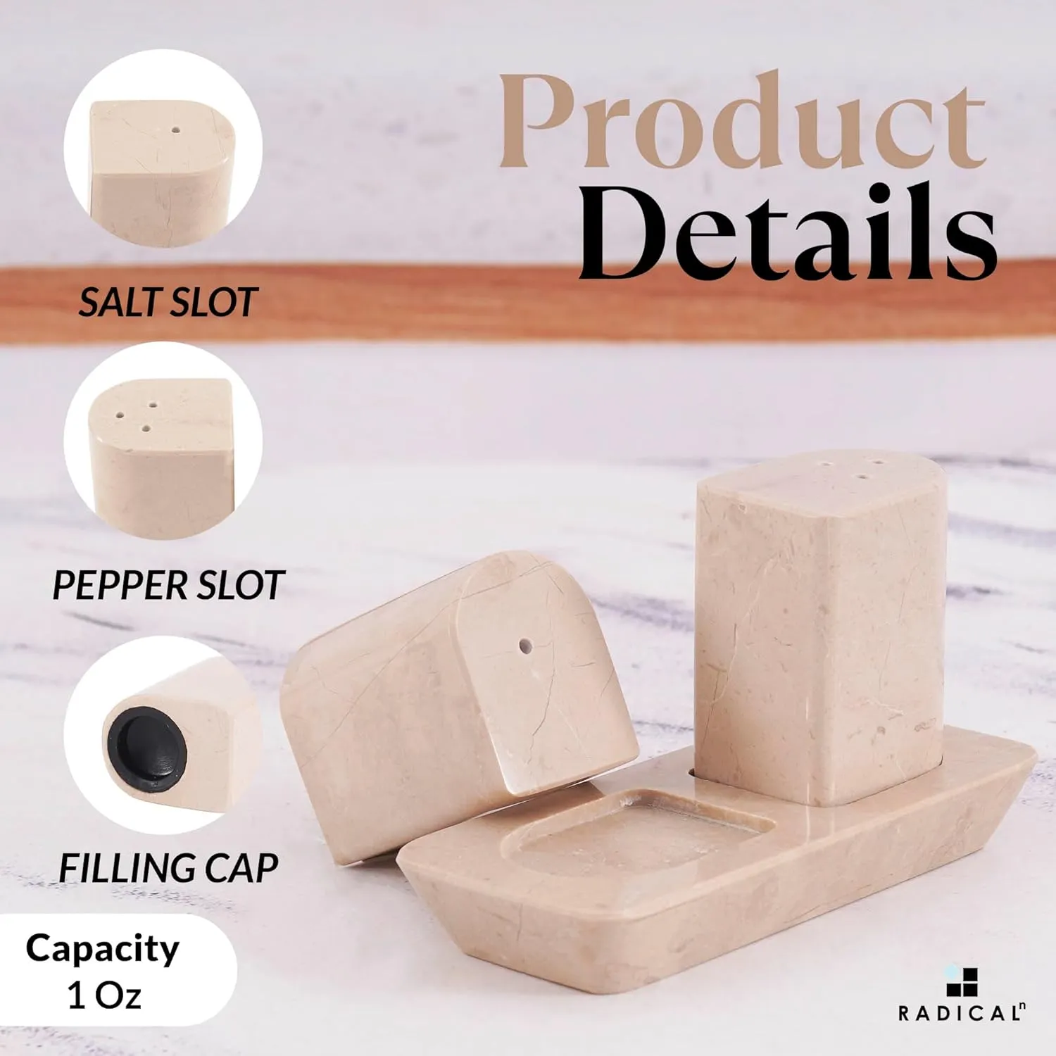 Radicaln Marble Salt & Pepper Shakers Set – 2.5" Verona Modern Kitchen Essentials for Cooking and Dining | Stone Spice Holder for Black Pepper, Pink Salt, Home & Farmhouse Decor