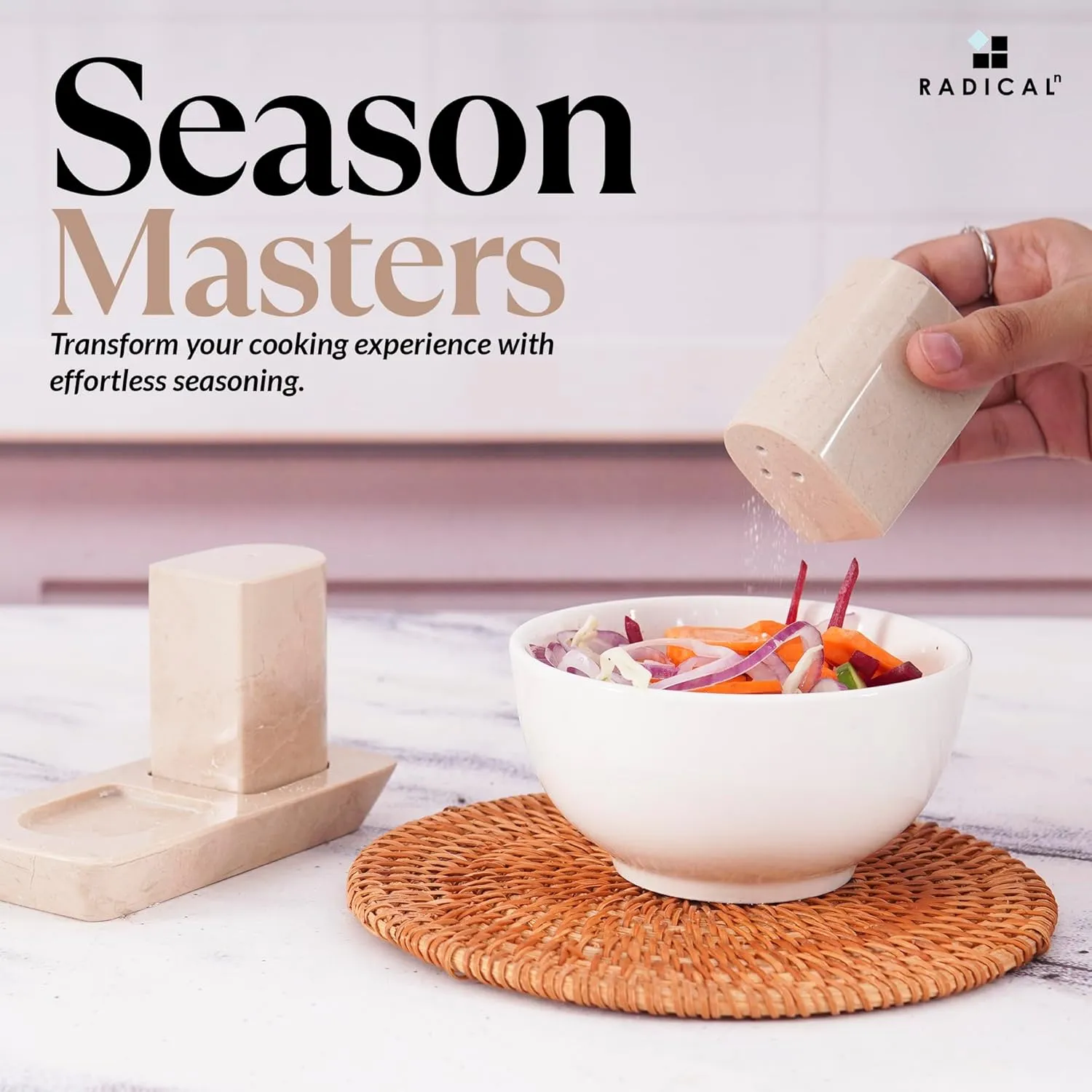 Radicaln Marble Salt & Pepper Shakers Set – 2.5" Verona Modern Kitchen Essentials for Cooking and Dining | Stone Spice Holder for Black Pepper, Pink Salt, Home & Farmhouse Decor
