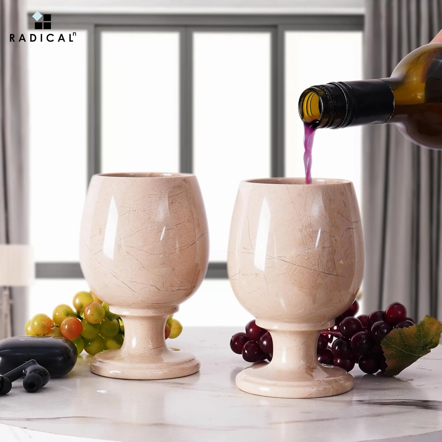 Radicaln Marble Wine Glasses Set of 2 Verona 5" Inches Handmade Drinking Glasses for Red & White Wine, Luxury Stone Glasses for Parties, Bar & Home Décor