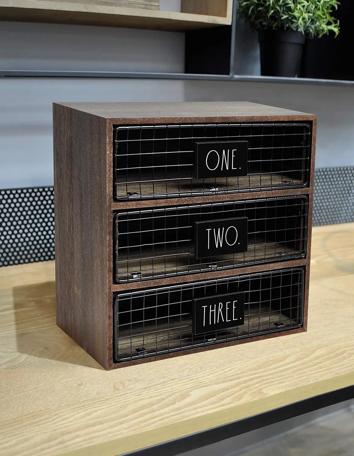 Rae Dunn Desktop Organizer – Light Wood 3 Drawer Mail, Stationary and Letter Holder for Table Top – Chic, Stylish Craftsmanship – Rustic, Country, Farmhouse Style “Letters” Print for Home and Office