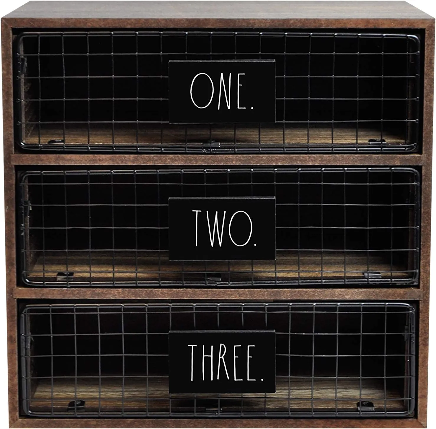 Rae Dunn Desktop Organizer – Light Wood 3 Drawer Mail, Stationary and Letter Holder for Table Top – Chic, Stylish Craftsmanship – Rustic, Country, Farmhouse Style “Letters” Print for Home and Office