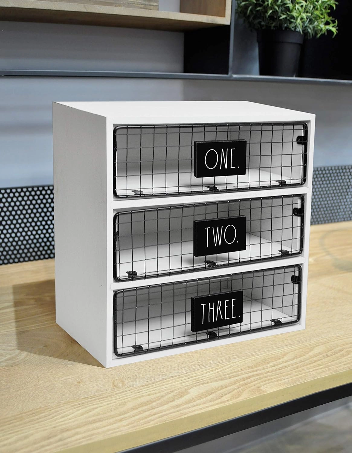 Rae Dunn Desktop Organizer – White 3 Drawer Mail, Stationary and Letter Holder for Table Top – Chic and Stylish Craftsmanship – Rustic, Country, Farmhouse Style - “Letters” Print - for Home and Office