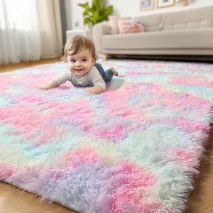 Rainbow Runner Kids Rugs for Girls Bedroom, Unicorn Room Decor, Fluffy Colorful Pastel Shag Area Rug for Baby Nursery, Soft Cute Fuzzy Kawaii Furry Plush Carpet for Playroom Preppy Dorm, 3x5 Rug Small