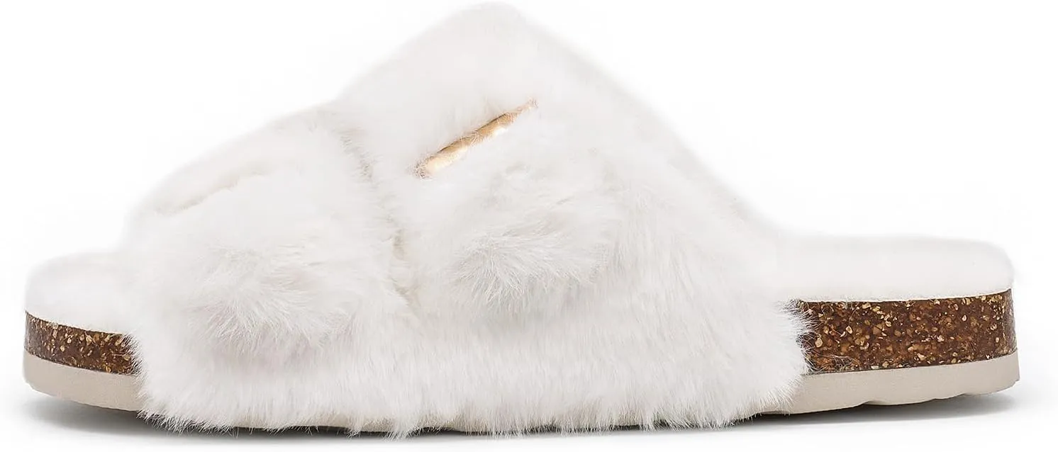 Rainlin Women's Fuzzy Slippers Comfy Cork Footbed Fluffy Slides Open Toe Indoor Outdoor House Shoes with Arch Support