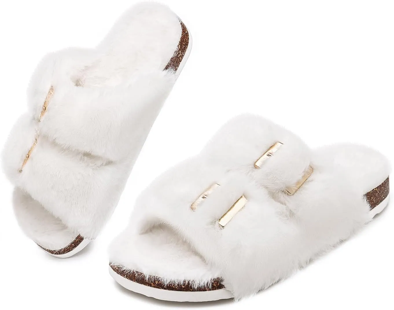 Rainlin Women's Fuzzy Slippers Comfy Cork Footbed Fluffy Slides Open Toe Indoor Outdoor House Shoes with Arch Support