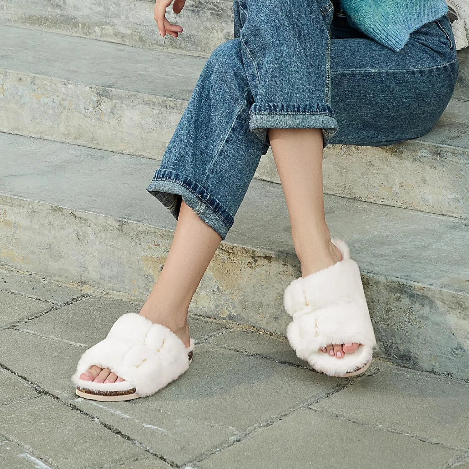 Rainlin Women's Fuzzy Slippers Comfy Cork Footbed Fluffy Slides Open Toe Indoor Outdoor House Shoes with Arch Support