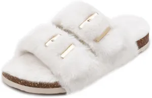 Rainlin Women's Fuzzy Slippers Comfy Cork Footbed Fluffy Slides Open Toe Indoor Outdoor House Shoes with Arch Support