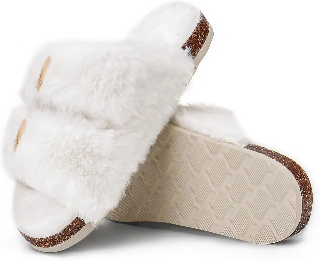 Rainlin Women's Fuzzy Slippers Comfy Cork Footbed Fluffy Slides Open Toe Indoor Outdoor House Shoes with Arch Support