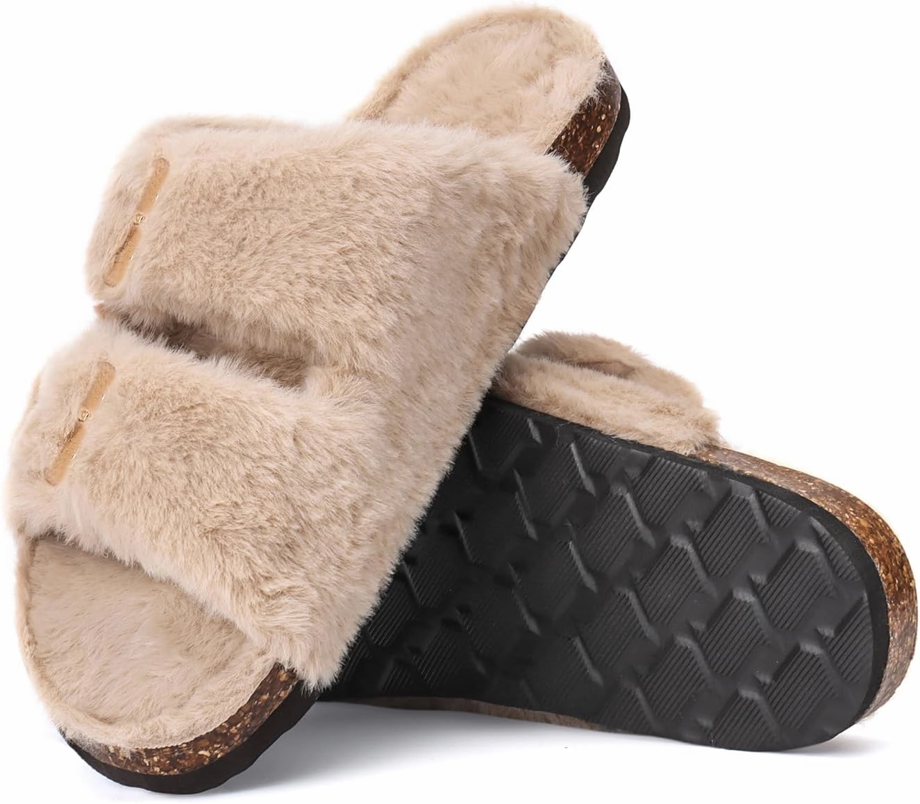 Rainlin Women's Fuzzy Slippers Comfy Cork Footbed Fluffy Slides Open Toe Indoor Outdoor House Shoes with Arch Support