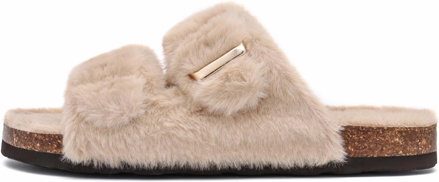Rainlin Women's Fuzzy Slippers Comfy Cork Footbed Fluffy Slides Open Toe Indoor Outdoor House Shoes with Arch Support