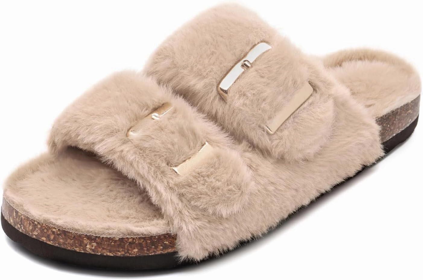 Rainlin Women's Fuzzy Slippers Comfy Cork Footbed Fluffy Slides Open Toe Indoor Outdoor House Shoes with Arch Support