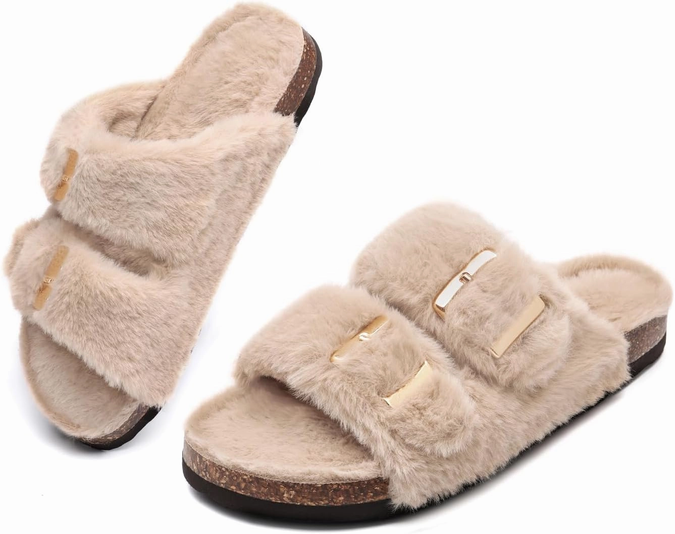 Rainlin Women's Fuzzy Slippers Comfy Cork Footbed Fluffy Slides Open Toe Indoor Outdoor House Shoes with Arch Support