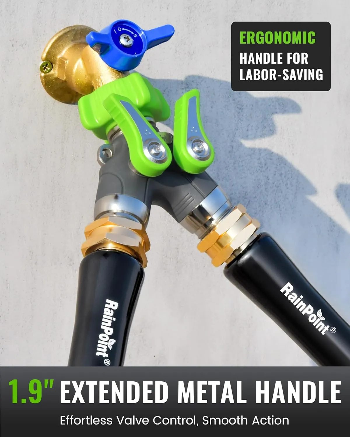RAINPOINT Garden Hose Splitter, 2 Way Heavy Duty Water Hose Y Spigot Splitter with Shutoff Valves, 100% Metal Body Outdoor Faucet Splitter, 1.9" Extra Long Metal Handle, 3/4" GHT Thread(Green)