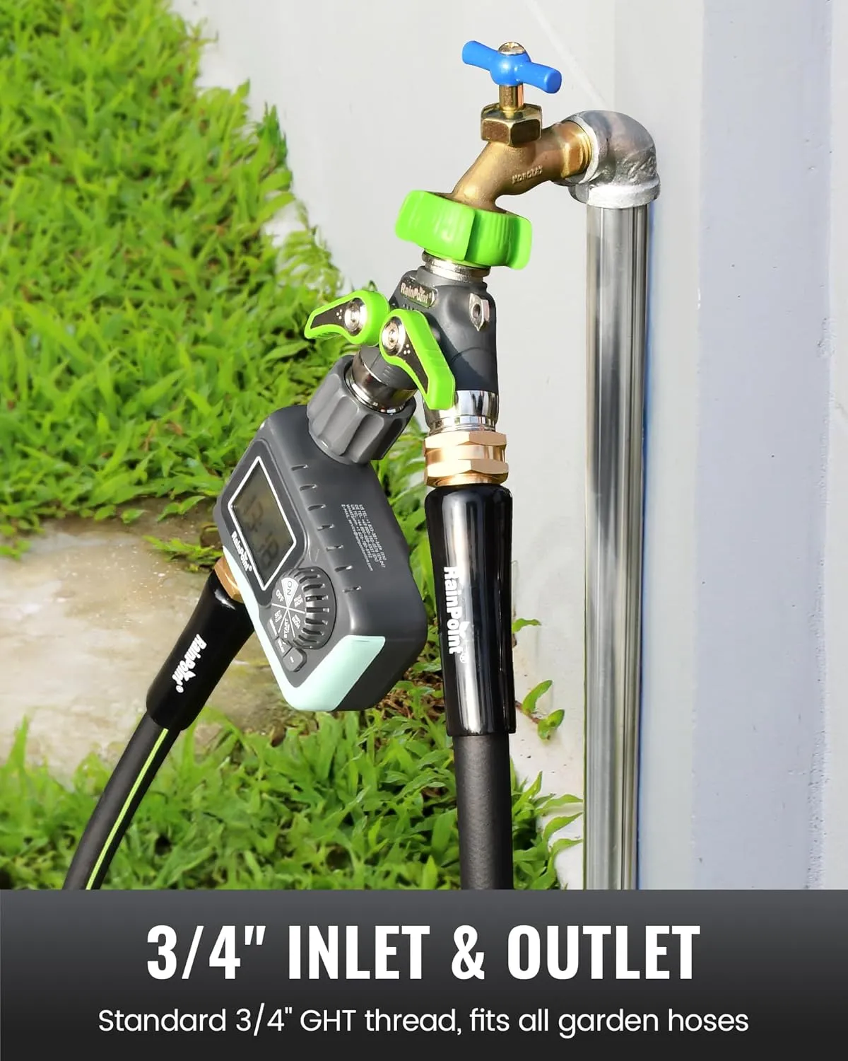 RAINPOINT Garden Hose Splitter, 2 Way Heavy Duty Water Hose Y Spigot Splitter with Shutoff Valves, 100% Metal Body Outdoor Faucet Splitter, 1.9" Extra Long Metal Handle, 3/4" GHT Thread(Green)