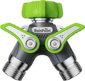 RAINPOINT Garden Hose Splitter, 2 Way Heavy Duty Water Hose Y Spigot Splitter with Shutoff Valves, 100% Metal Body Outdoor Faucet Splitter, 1.9" Extra Long Metal Handle, 3/4" GHT Thread(Green)