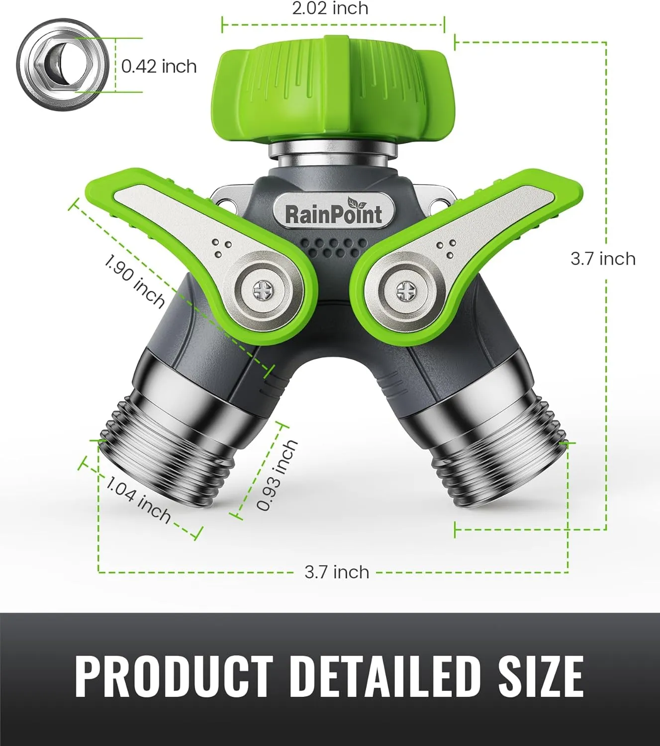 RAINPOINT Garden Hose Splitter, 2 Way Heavy Duty Water Hose Y Spigot Splitter with Shutoff Valves, 100% Metal Body Outdoor Faucet Splitter, 1.9" Extra Long Metal Handle, 3/4" GHT Thread(Green)