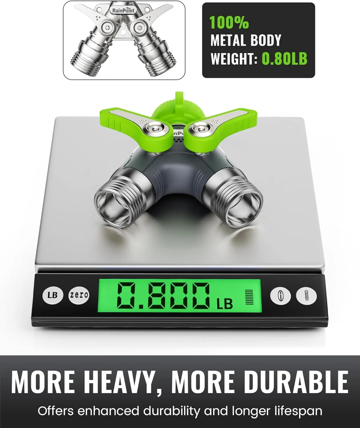 RAINPOINT Garden Hose Splitter, 2 Way Heavy Duty Water Hose Y Spigot Splitter with Shutoff Valves, 100% Metal Body Outdoor Faucet Splitter, 1.9" Extra Long Metal Handle, 3/4" GHT Thread(Green)
