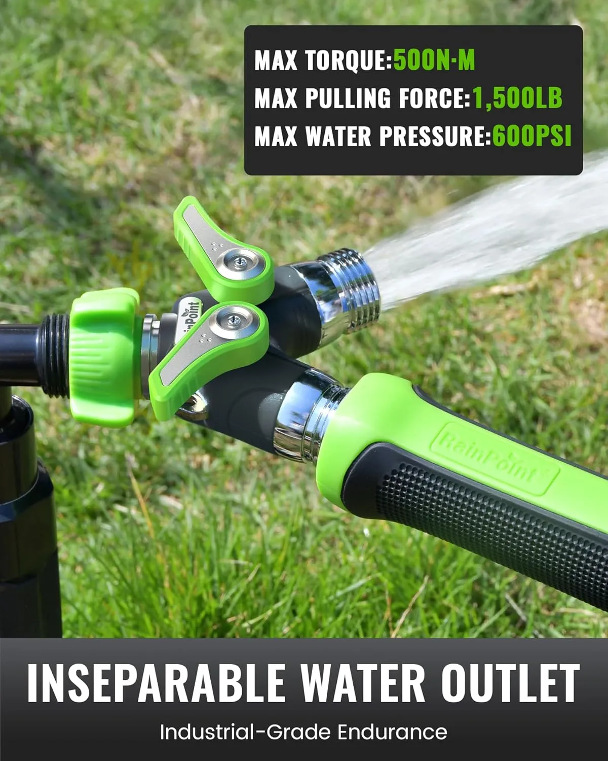RAINPOINT Garden Hose Splitter, 2 Way Heavy Duty Water Hose Y Spigot Splitter with Shutoff Valves, 100% Metal Body Outdoor Faucet Splitter, 1.9" Extra Long Metal Handle, 3/4" GHT Thread(Green)