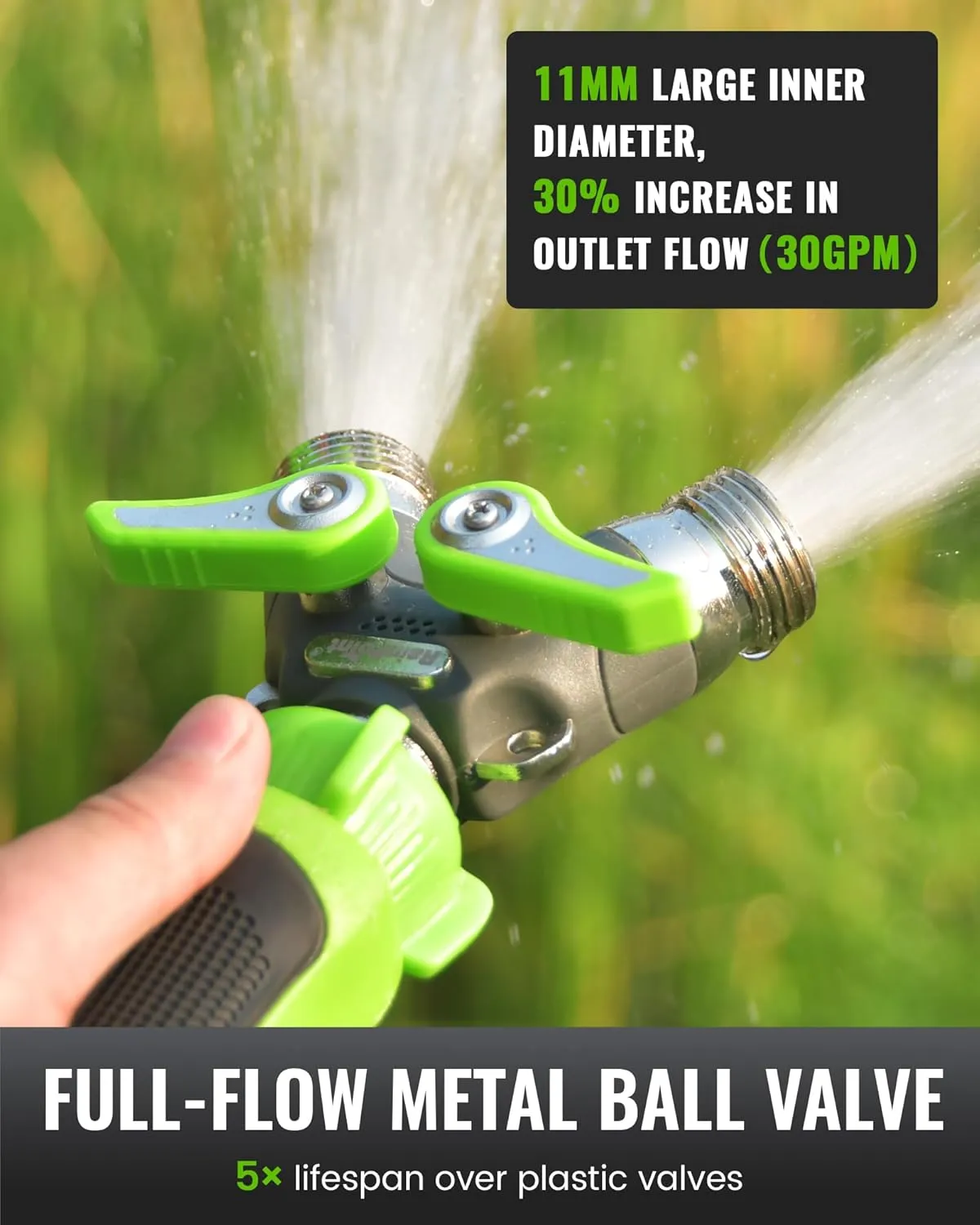 RAINPOINT Garden Hose Splitter, 2 Way Heavy Duty Water Hose Y Spigot Splitter with Shutoff Valves, 100% Metal Body Outdoor Faucet Splitter, 1.9" Extra Long Metal Handle, 3/4" GHT Thread(Green)