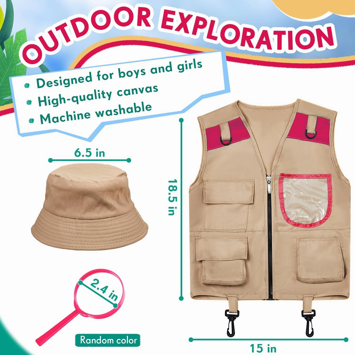 Ramede Kids Safari Explorer Vest and Hat Costume Fishing Adventure Camping Vest for Boy Girls Toddler Outfit(Stylish,Pink)