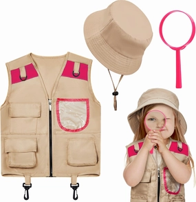 Ramede Kids Safari Explorer Vest and Hat Costume Fishing Adventure Camping Vest for Boy Girls Toddler Outfit(Stylish,Pink)