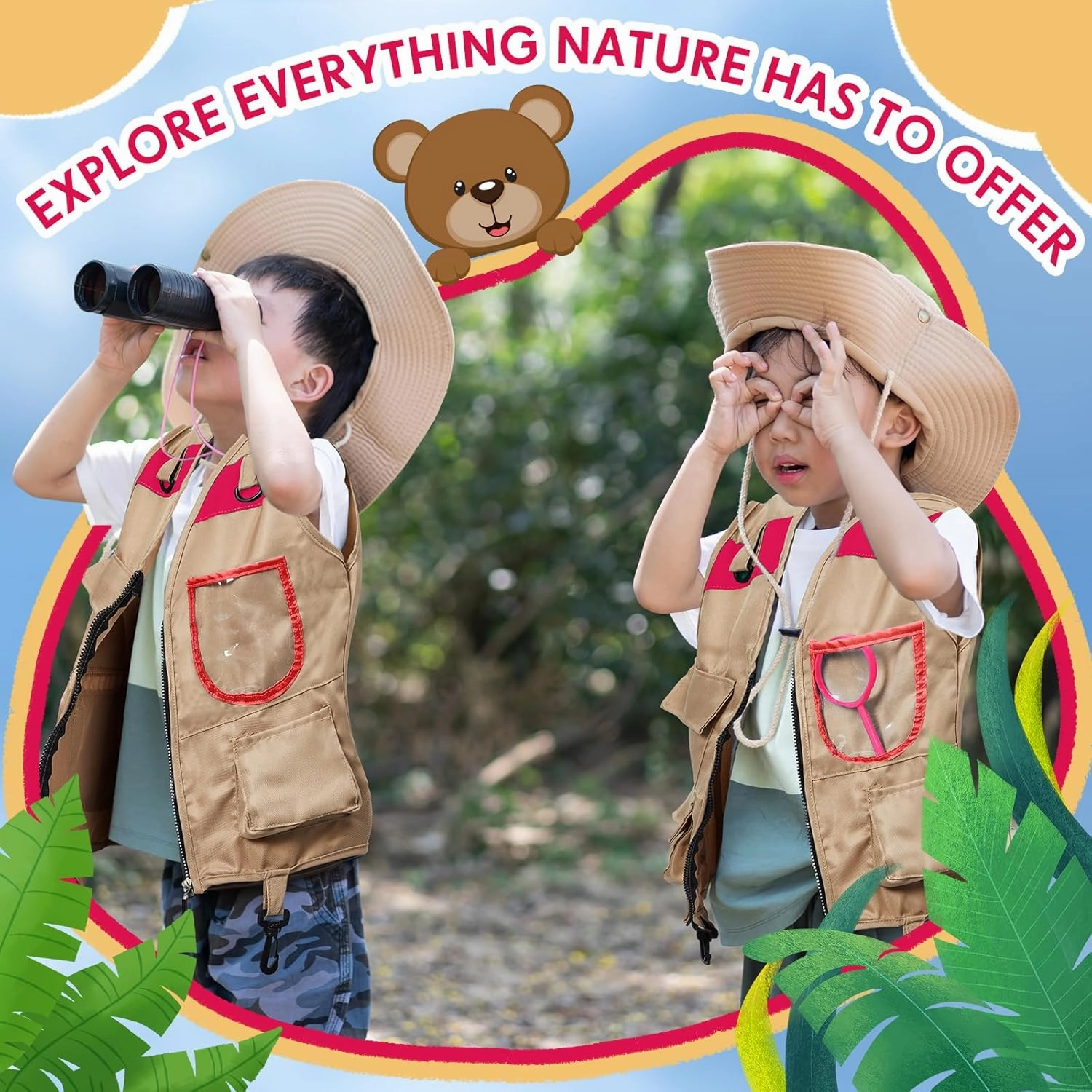 Ramede Kids Safari Explorer Vest and Hat Costume Fishing Adventure Camping Vest for Boy Girls Toddler Outfit(Stylish,Pink)