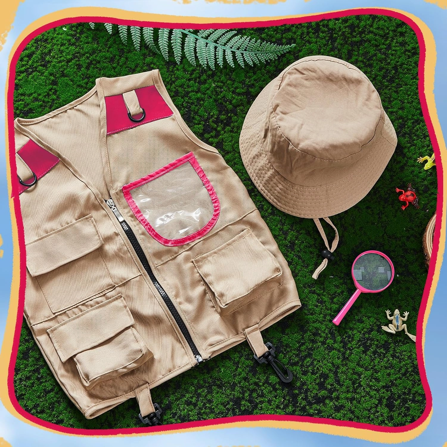 Ramede Kids Safari Explorer Vest and Hat Costume Fishing Adventure Camping Vest for Boy Girls Toddler Outfit(Stylish,Pink)