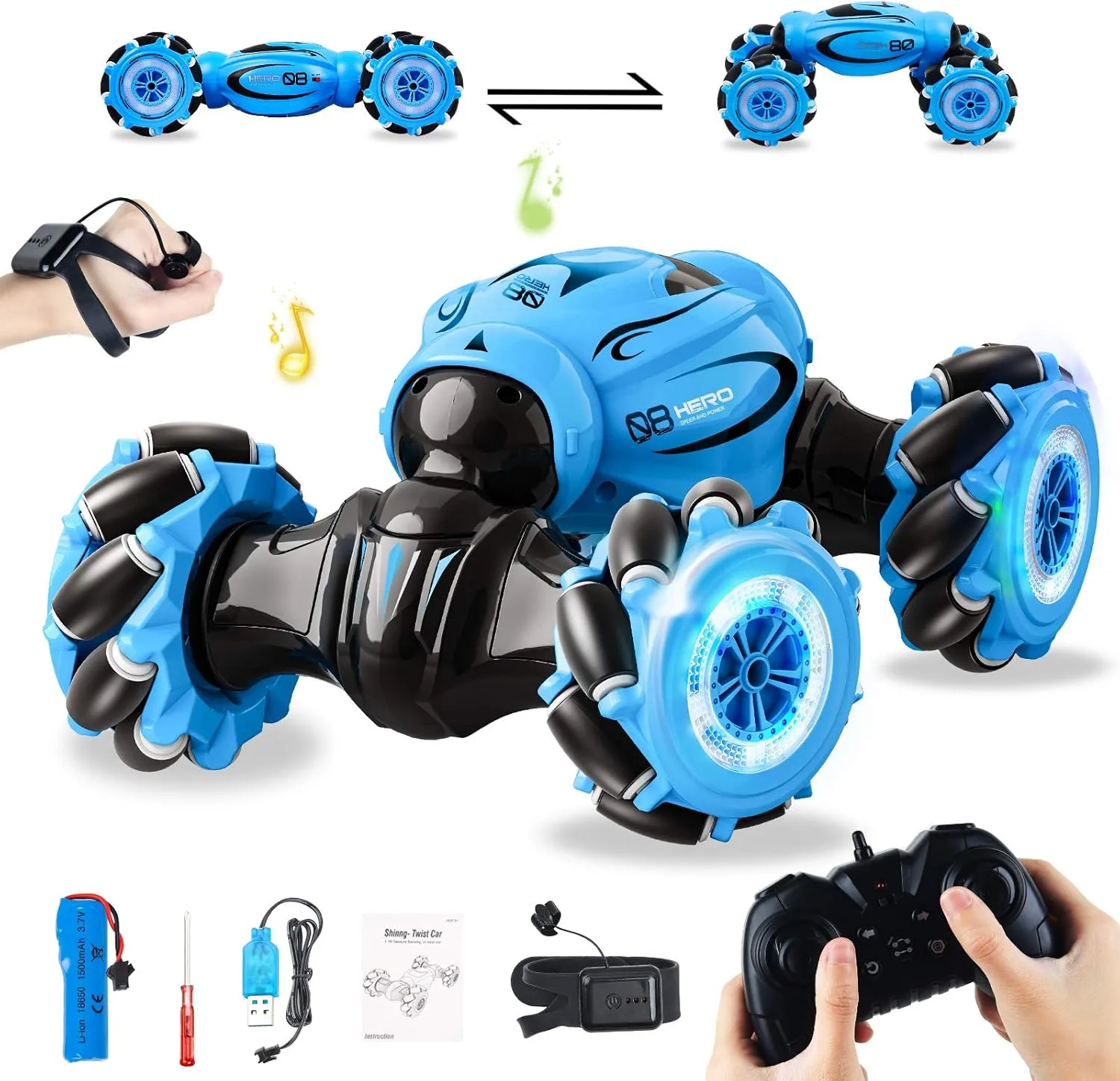 RC Car 1:16 Stunt Remote Control Car Twisting Vehicle Drift Car 2.4GHz Gesture Sensor Watch Control Toy Cars Vehicle 360° Flips with Lights Music,Driving Toy for Boys and Kids(Blue)