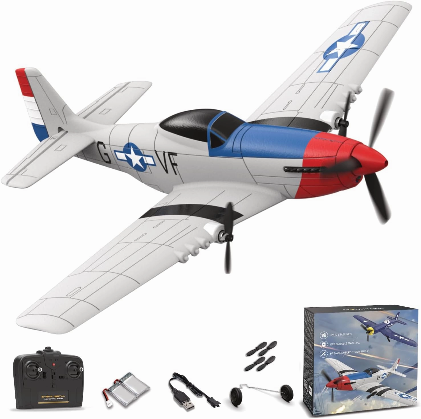RC Plane for Beginners, P51 Remote Control Airplane for Adults, 2.4GHz 3 Channel Fighter Featuring 6 Axis Gyro Stabilizer Comes with 2 Batteries, Easy to Fly