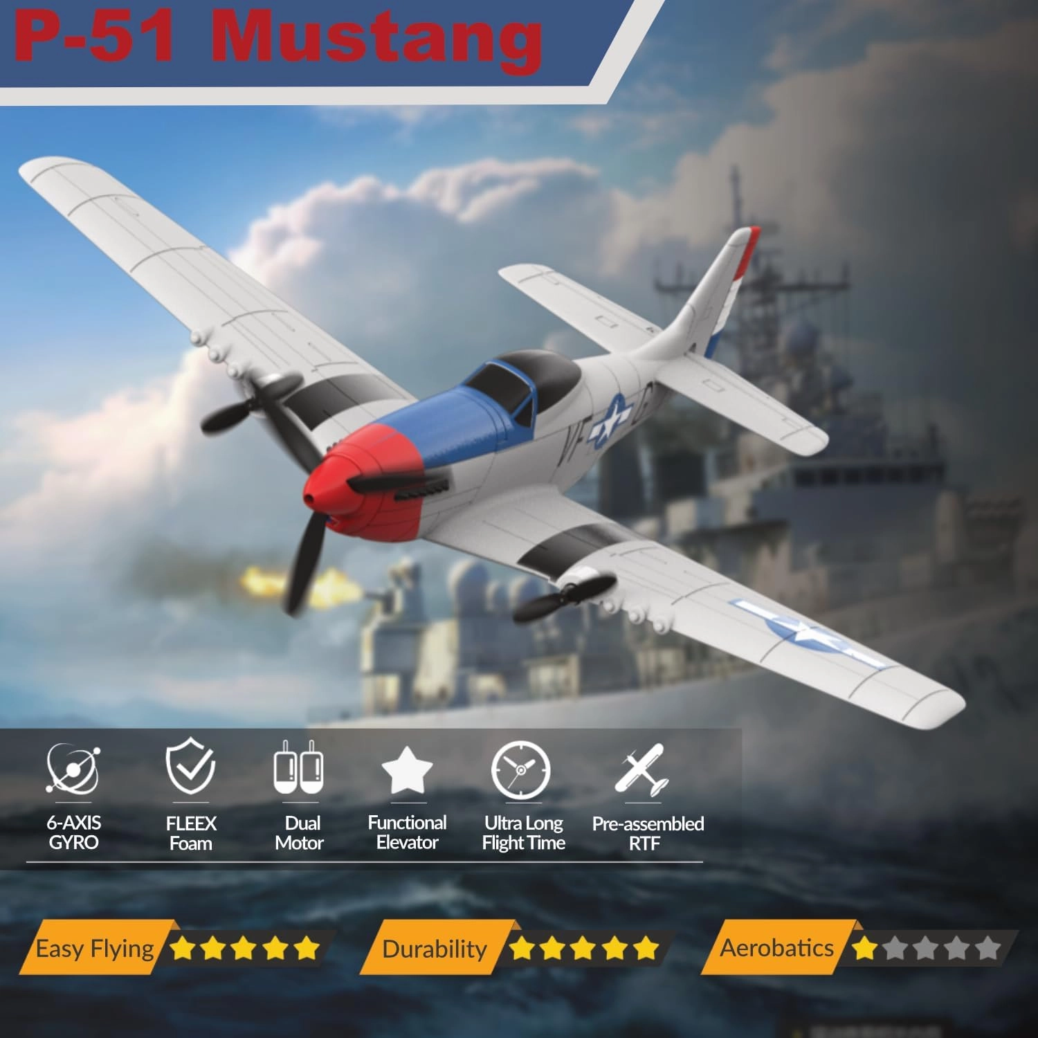 RC Plane for Beginners, P51 Remote Control Airplane for Adults, 2.4GHz 3 Channel Fighter Featuring 6 Axis Gyro Stabilizer Comes with 2 Batteries, Easy to Fly