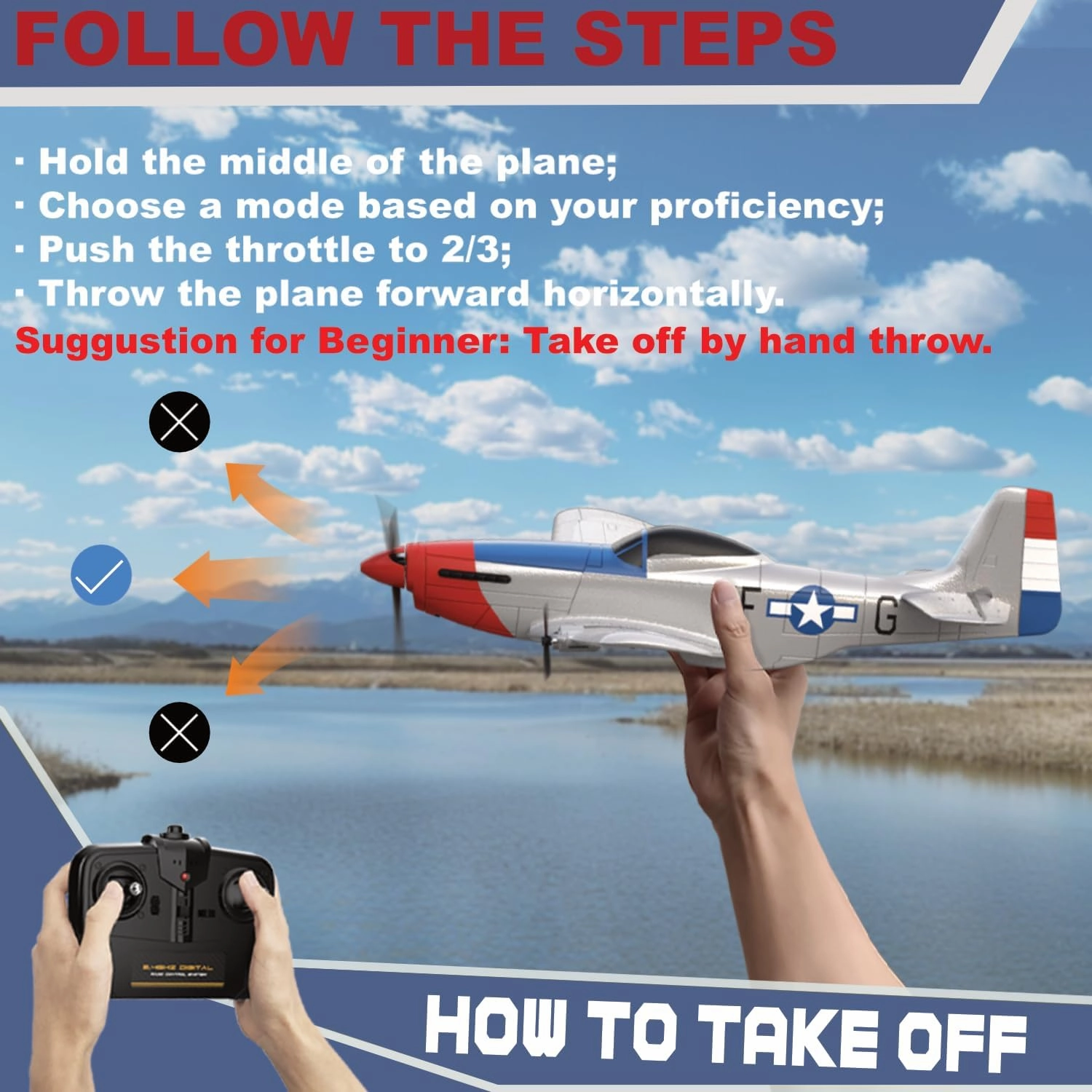 RC Plane for Beginners, P51 Remote Control Airplane for Adults, 2.4GHz 3 Channel Fighter Featuring 6 Axis Gyro Stabilizer Comes with 2 Batteries, Easy to Fly