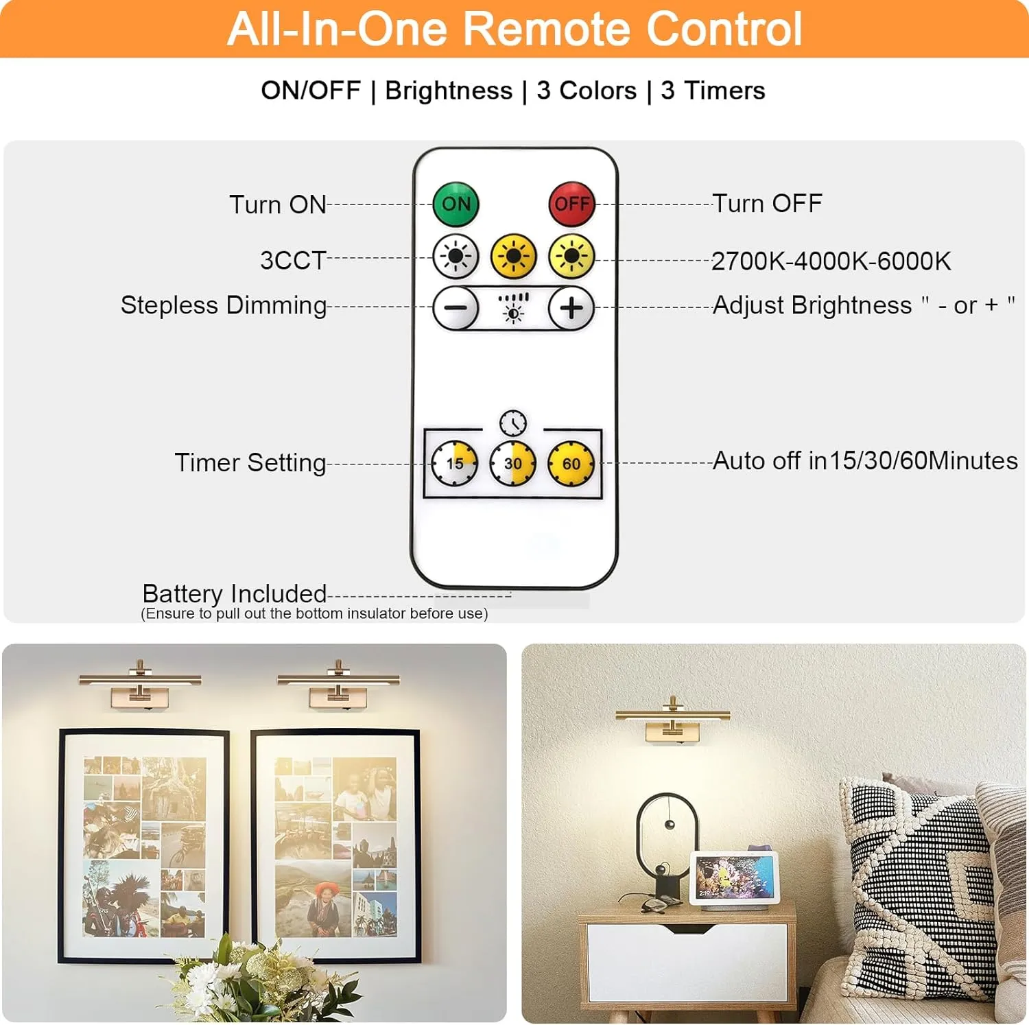 Rechargeable Picture Light with Remote Control,12 Inch Brass Finish Adjustable Wireless Art Lighting Fixture,Painting Lights with Timer,3 Color Temperature and Dimmable