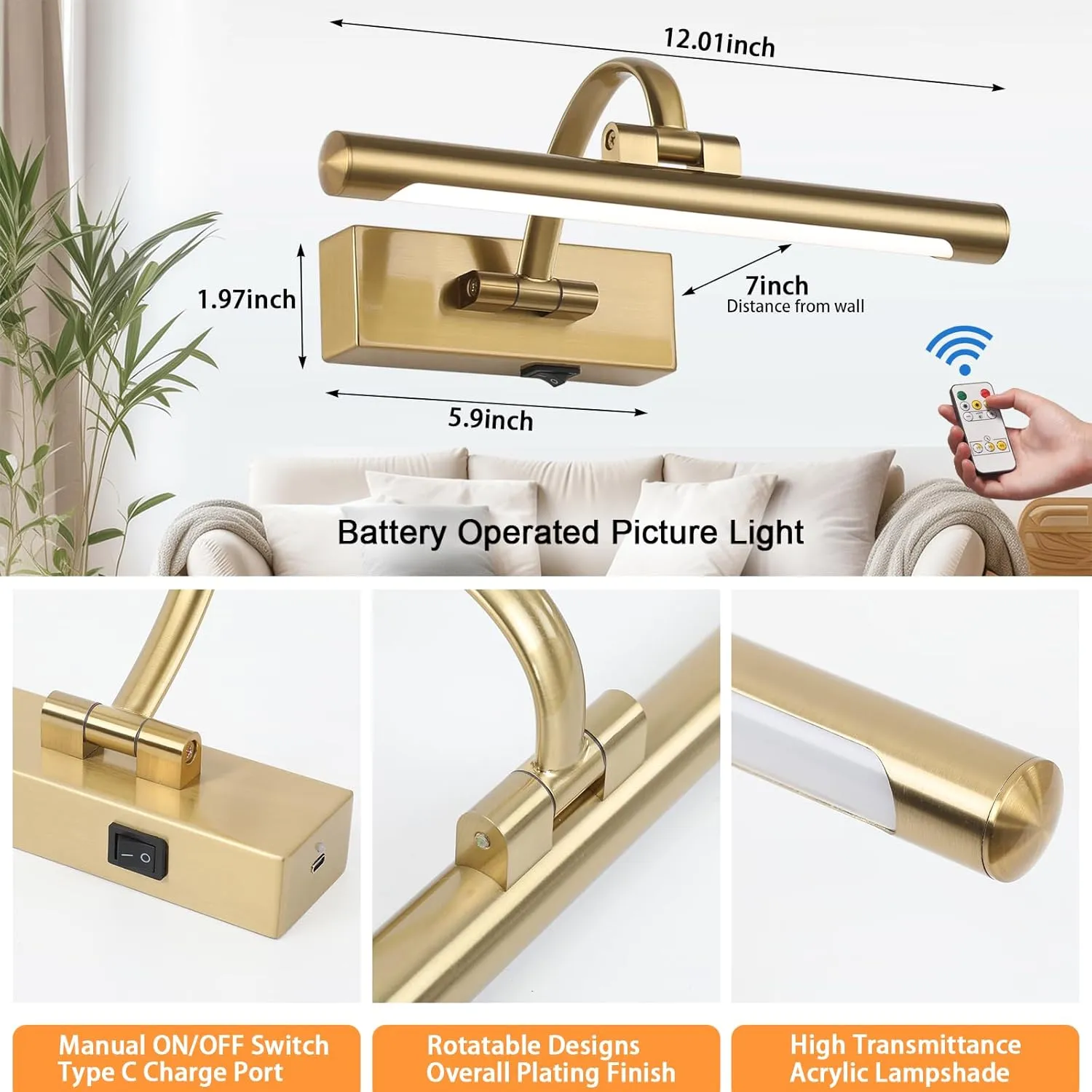 Rechargeable Picture Light with Remote Control,12 Inch Brass Finish Adjustable Wireless Art Lighting Fixture,Painting Lights with Timer,3 Color Temperature and Dimmable