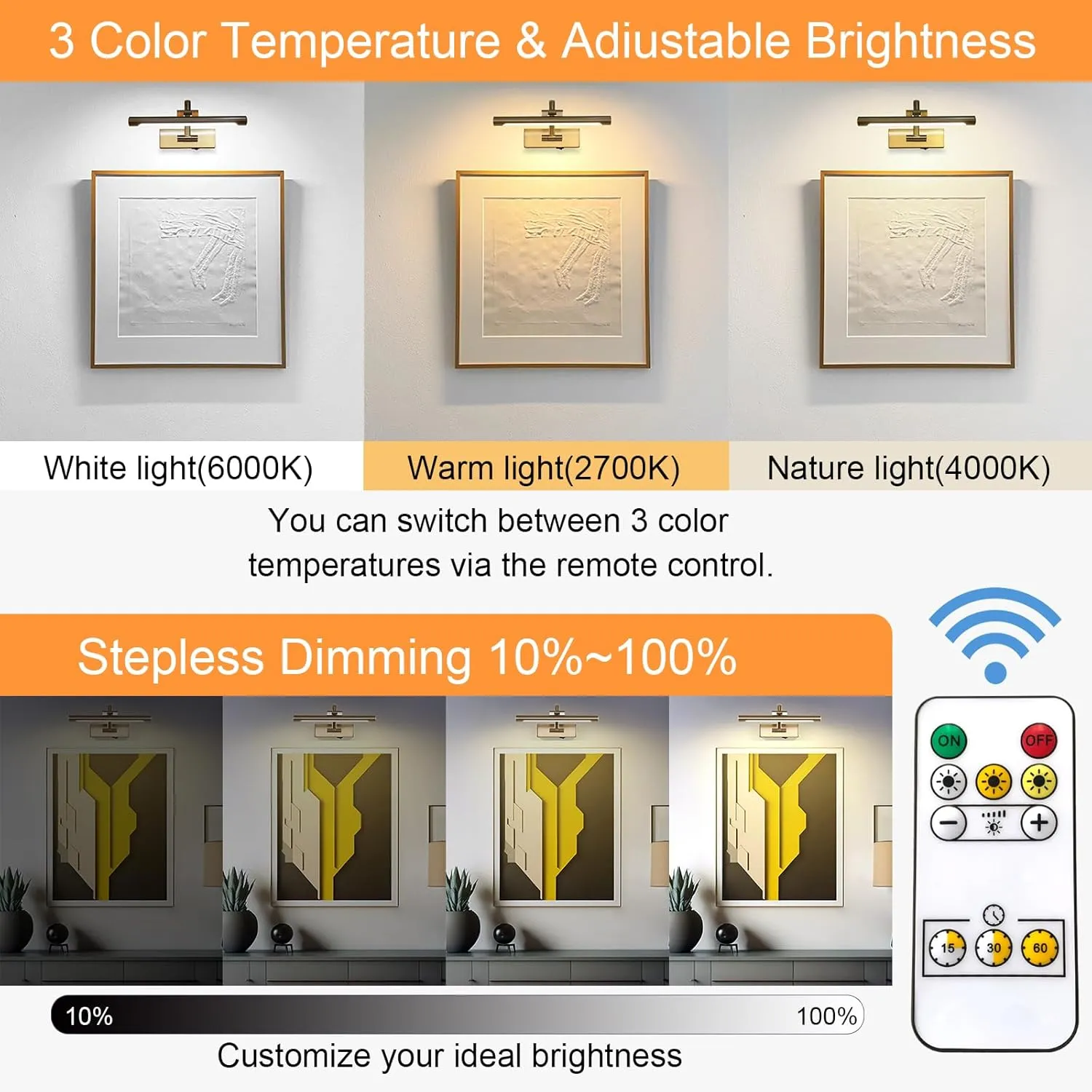 Rechargeable Picture Light with Remote Control,12 Inch Brass Finish Adjustable Wireless Art Lighting Fixture,Painting Lights with Timer,3 Color Temperature and Dimmable