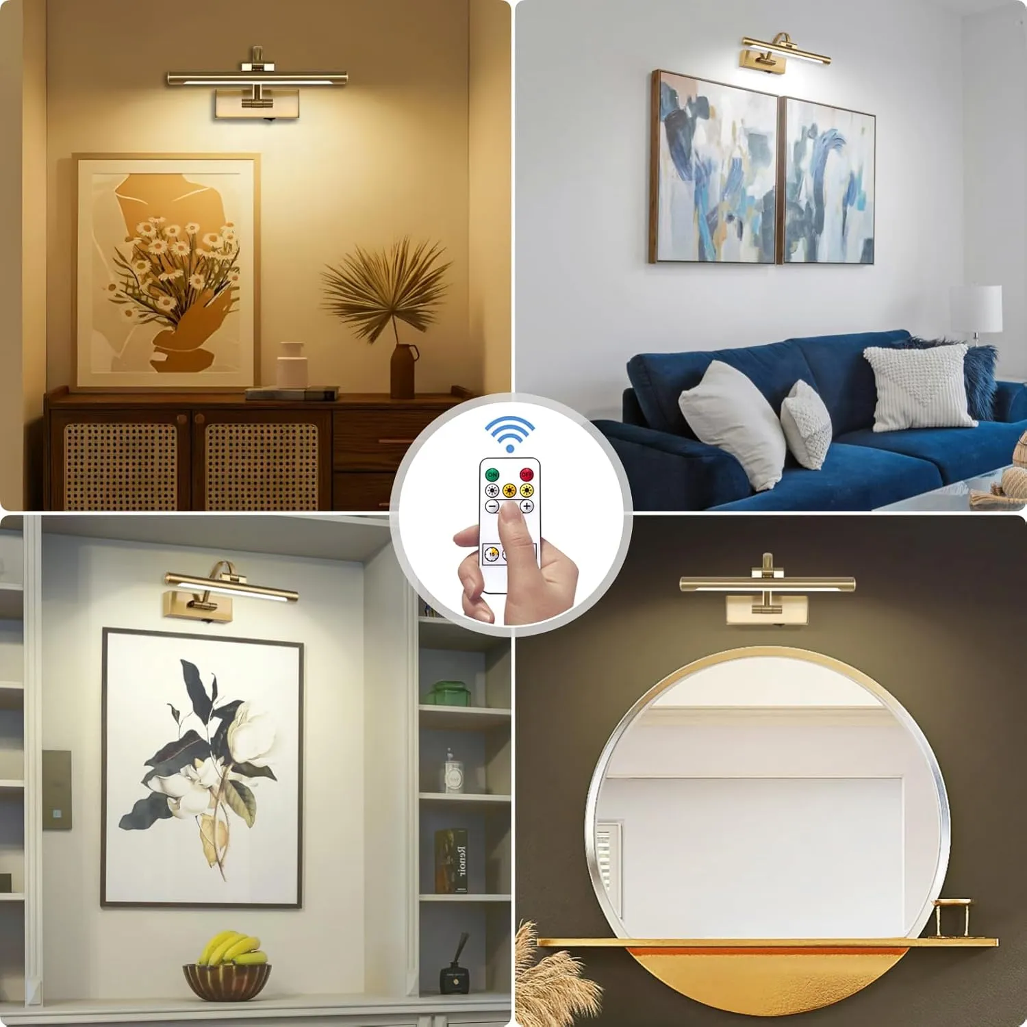 Rechargeable Picture Light with Remote Control,12 Inch Brass Finish Adjustable Wireless Art Lighting Fixture,Painting Lights with Timer,3 Color Temperature and Dimmable