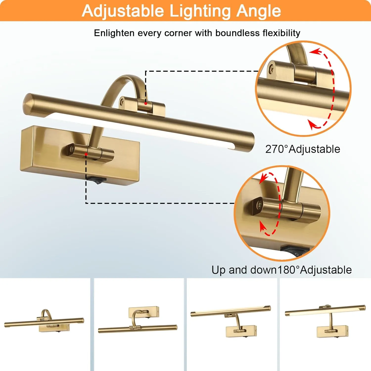 Rechargeable Picture Light with Remote Control,12 Inch Brass Finish Adjustable Wireless Art Lighting Fixture,Painting Lights with Timer,3 Color Temperature and Dimmable