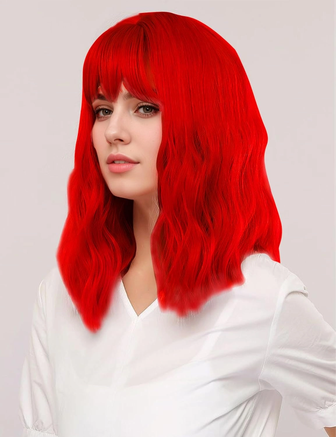 Red Wig and Sunglasses Set - 15 Inch Wavy Wig With Bangs - Heat Resistant Bob Wig - Short Curly Wavy Wig - Shoulder Length Wigs for Women - Bachelorette Party Costume Cosplay Wigs (Red)