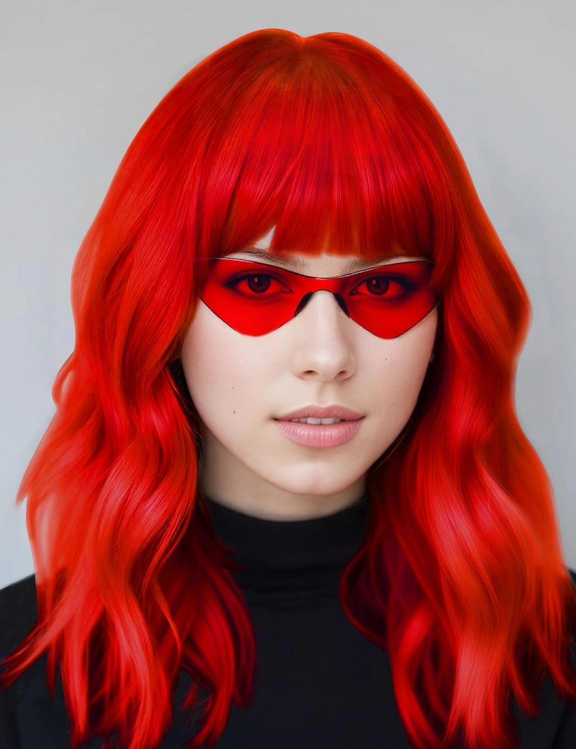 Red Wig and Sunglasses Set - 15 Inch Wavy Wig With Bangs - Heat Resistant Bob Wig - Short Curly Wavy Wig - Shoulder Length Wigs for Women - Bachelorette Party Costume Cosplay Wigs (Red)