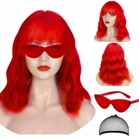 Red Wig and Sunglasses Set - 15 Inch Wavy Wig With Bangs - Heat Resistant Bob Wig - Short Curly Wavy Wig - Shoulder Length Wigs for Women - Bachelorette Party Costume Cosplay Wigs (Red)