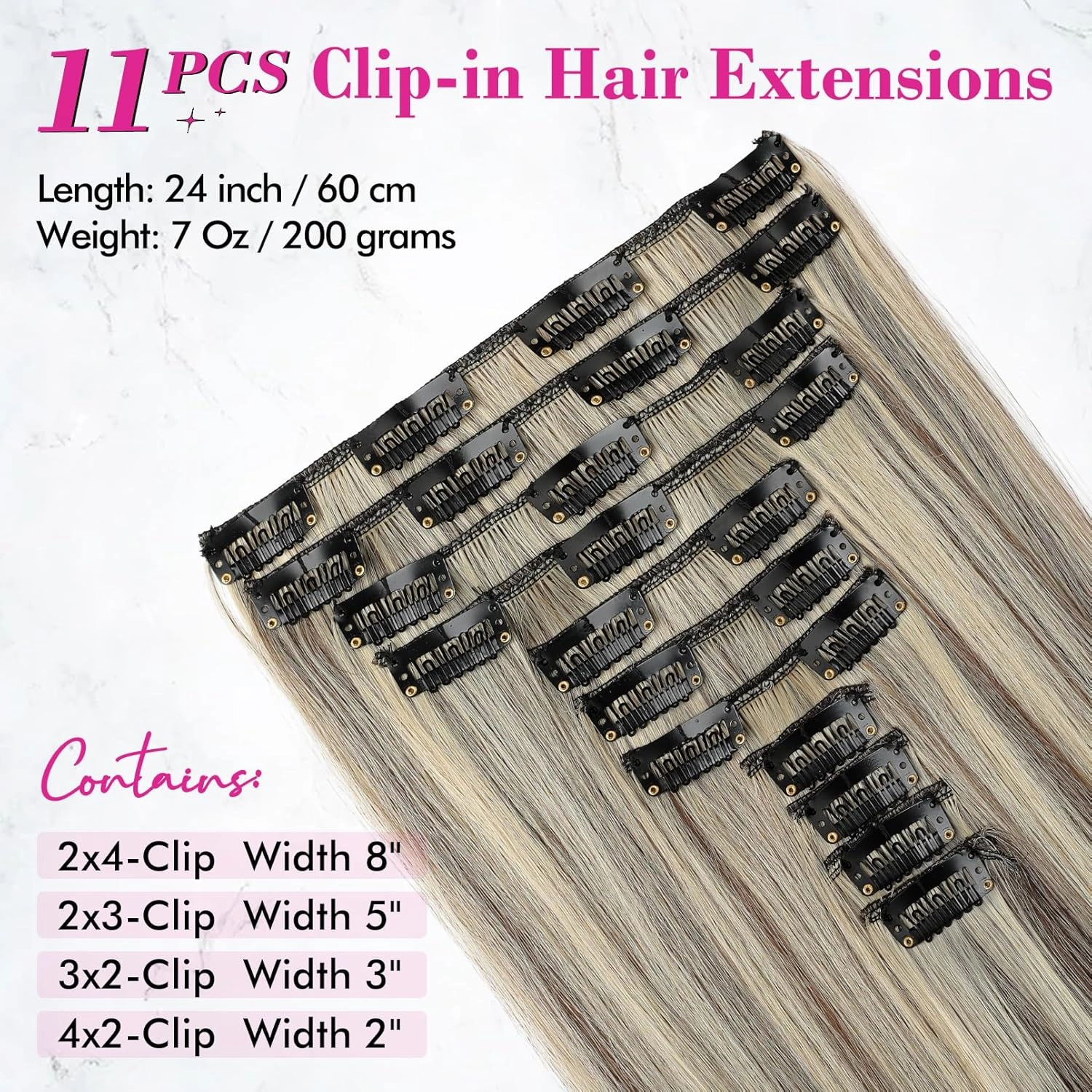 REECHO Hair Extensions, 11PCS Clip in Hair Extensions 24" Long Straight hair extensions HE005 Natural Soft Synthetic Hairpieces for Women – Ash Brown with Platinum Blonde Highlights