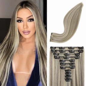 REECHO Hair Extensions, 11PCS Clip in Hair Extensions 24" Long Straight hair extensions HE005 Natural Soft Synthetic Hairpieces for Women – Ash Brown with Platinum Blonde Highlights