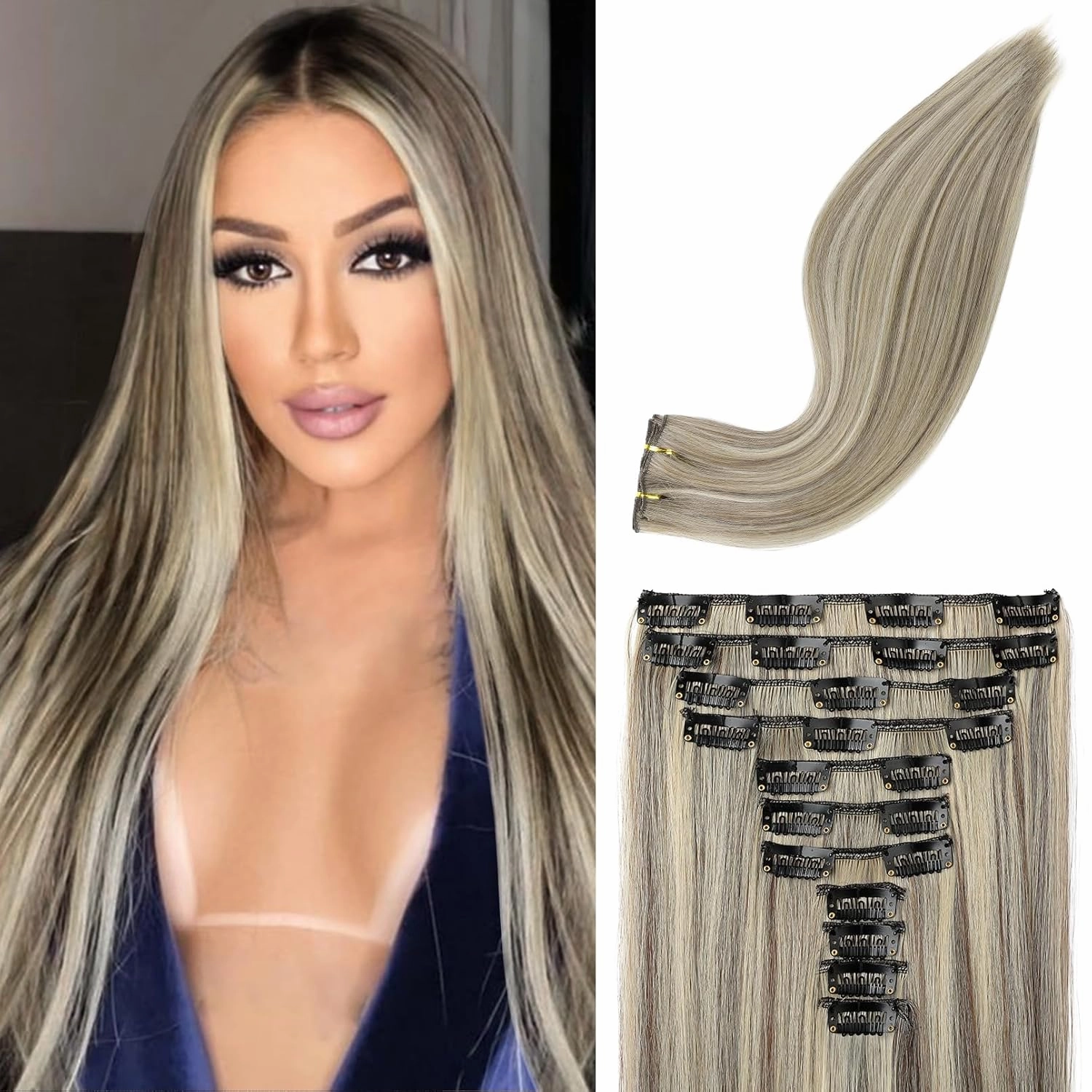 REECHO Hair Extensions, 11PCS Clip in Hair Extensions 24" Long Straight hair extensions HE005 Natural Soft Synthetic Hairpieces for Women – Ash Brown with Platinum Blonde Highlights