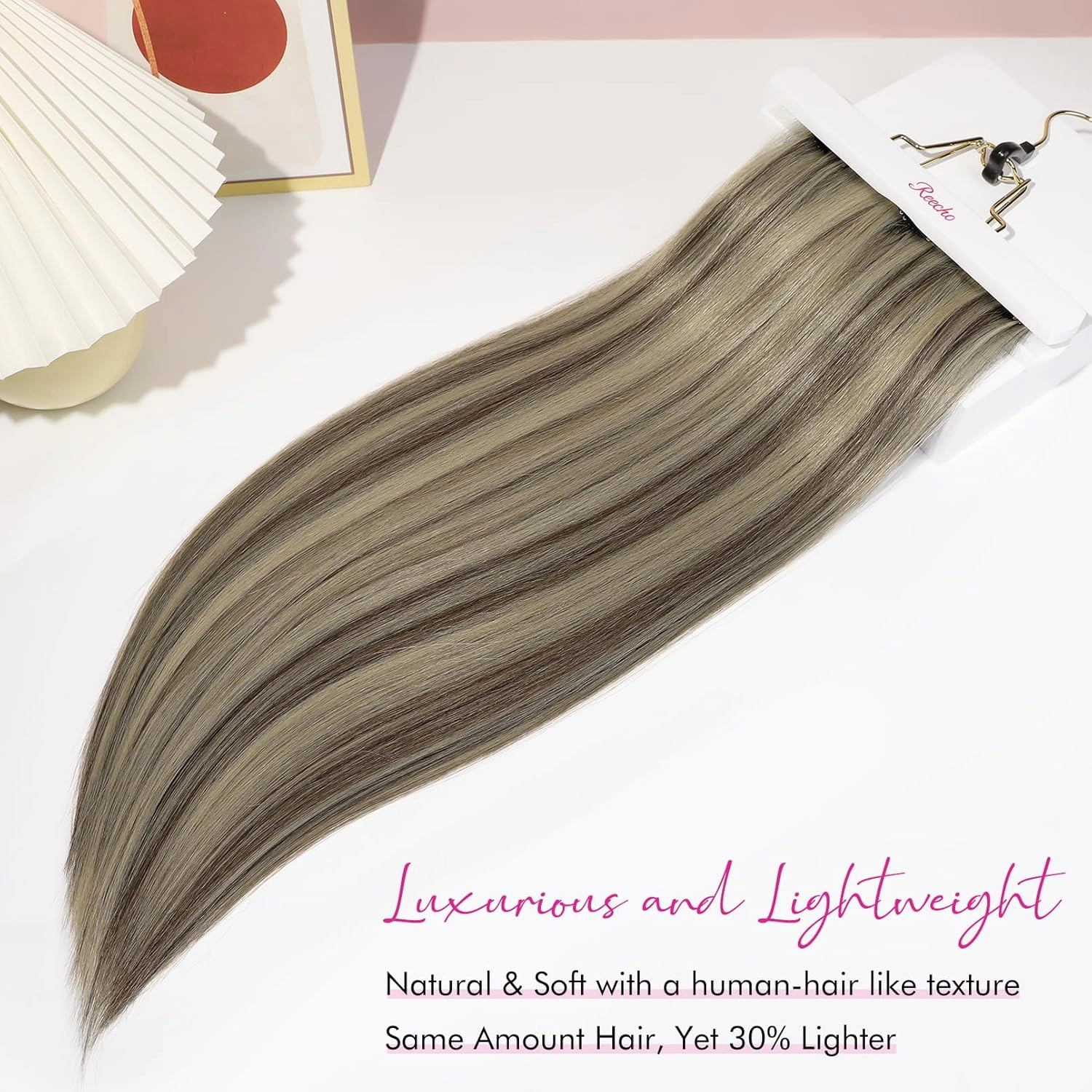 REECHO Hair Extensions, 11PCS Clip in Hair Extensions 24" Long Straight hair extensions HE005 Natural Soft Synthetic Hairpieces for Women – Ash Brown with Platinum Blonde Highlights