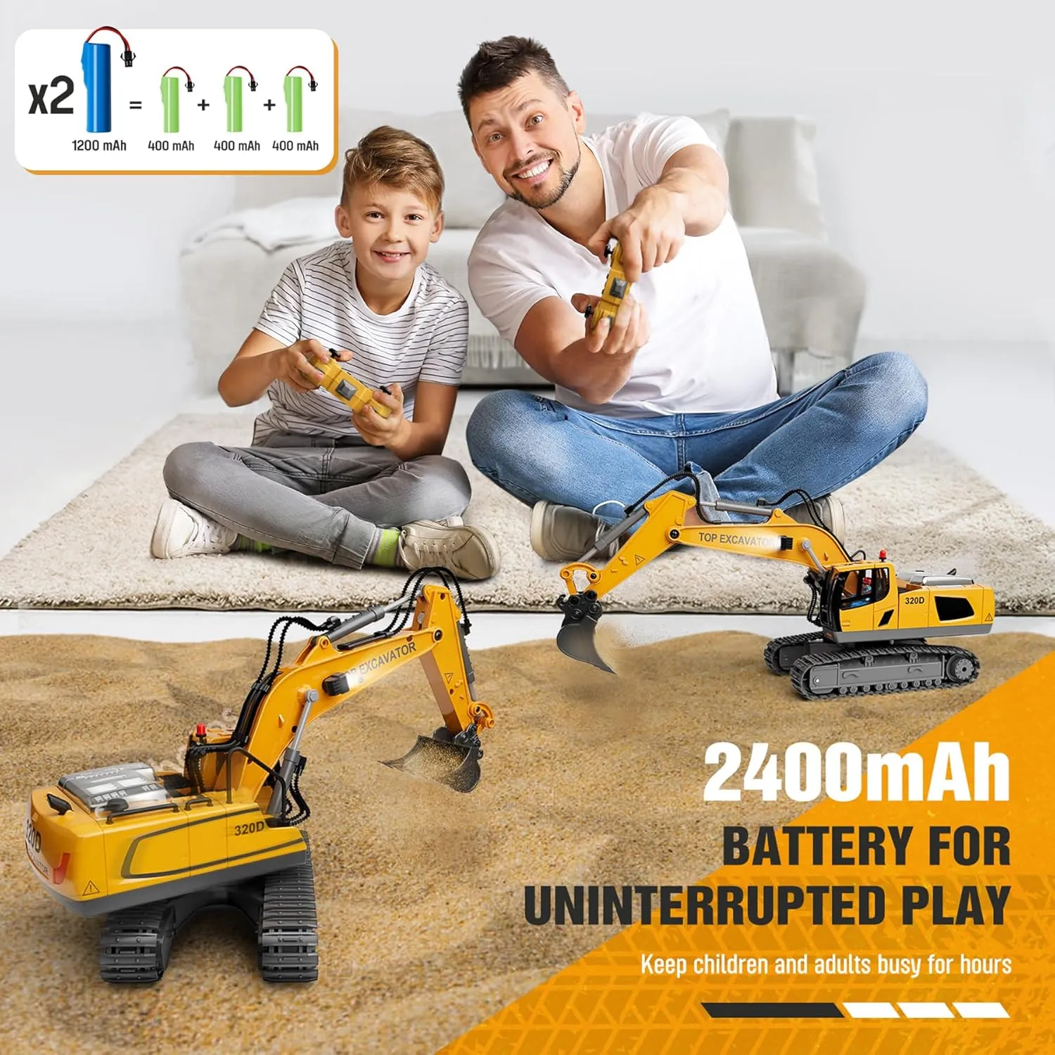 Remote Control Excavator Construction Toys for Boys, 2×1200mAh RC Construction Truck with Metal Shovel & Light, 11CH Excavator Toys for Boys 3-5 4-7 8-12 Year Old Kids Christmas Birthday Gift,120 Mins