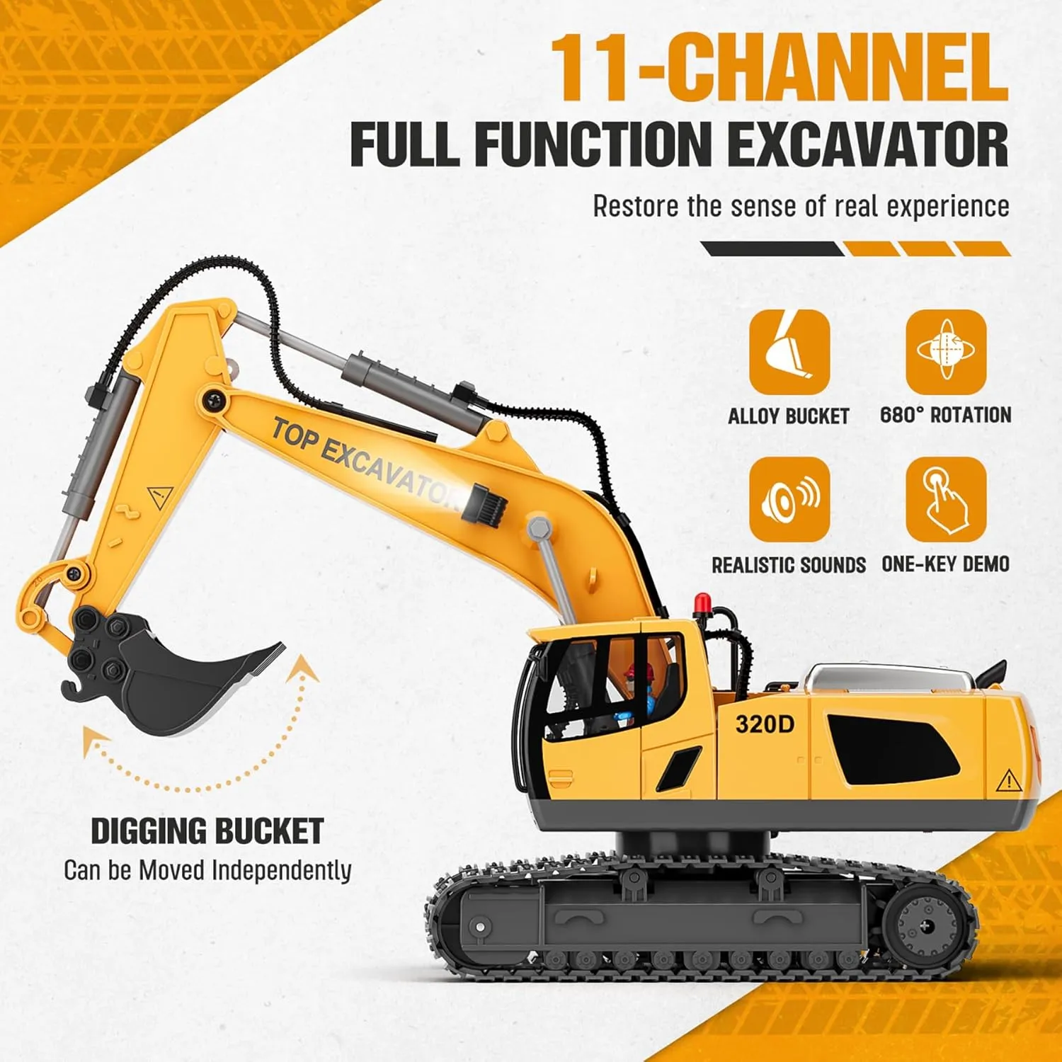Remote Control Excavator Construction Toys for Boys, 2×1200mAh RC Construction Truck with Metal Shovel & Light, 11CH Excavator Toys for Boys 3-5 4-7 8-12 Year Old Kids Christmas Birthday Gift,120 Mins