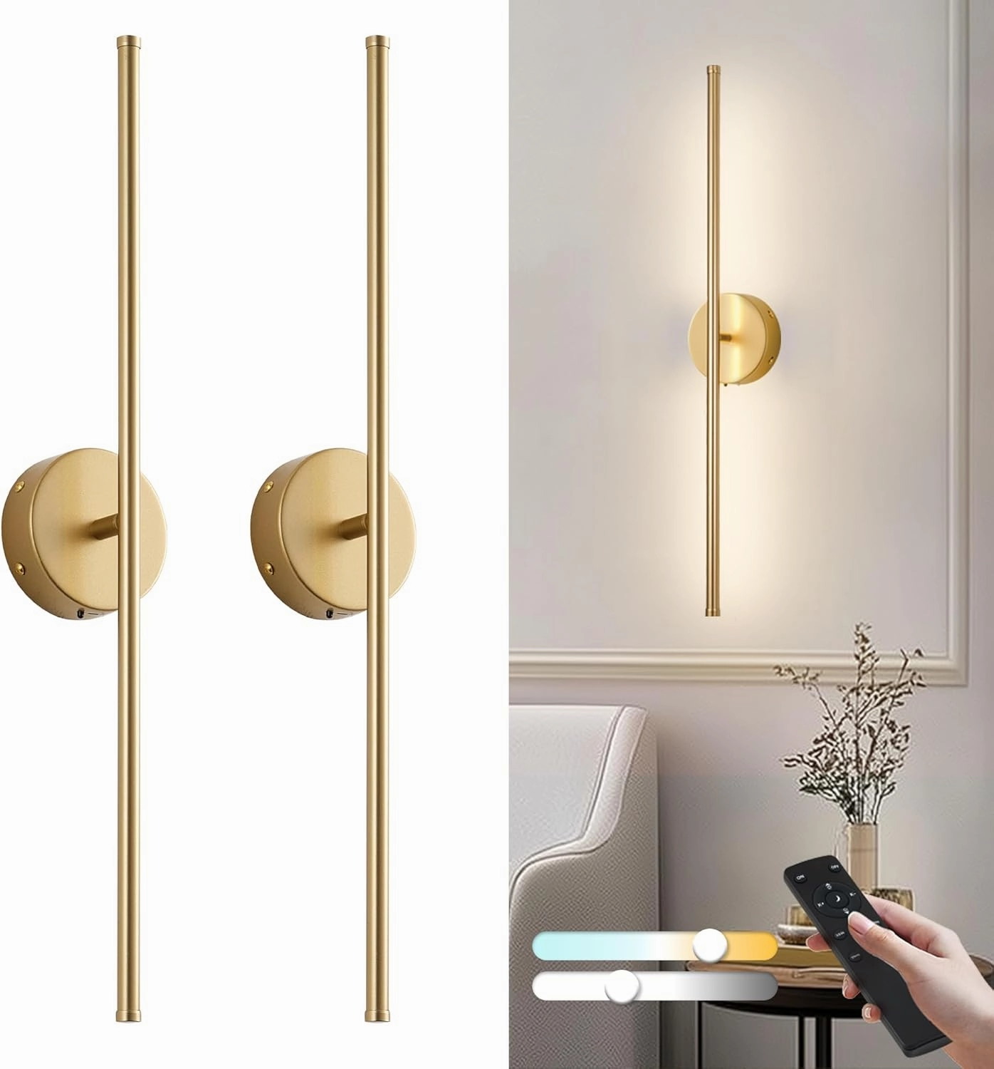 Removable Battery Operated Wall Sconces with Remote Control 350°Rotate LED Wireless Wall Lights with 3 Color Temperatures & Dimming for Bedroom, Hallway,28.3 Inch (2 Pack)